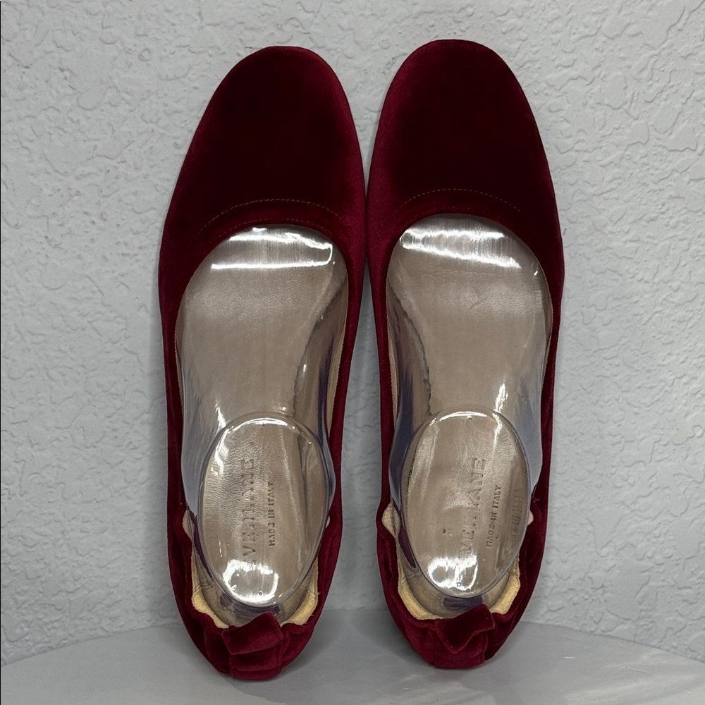 EVERLANE THE DAY RED VELVET SCRUNCH BACK BLOCK HEEL BALLET INSPIRED PUMPS - Picture 10 of 14